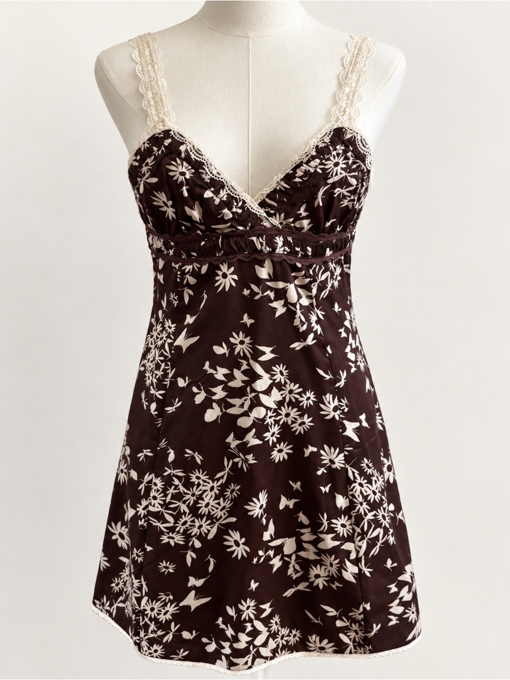 NWT Urban Outfitters Brown Floral Lace Trim Slip Mini Dress S Y2K